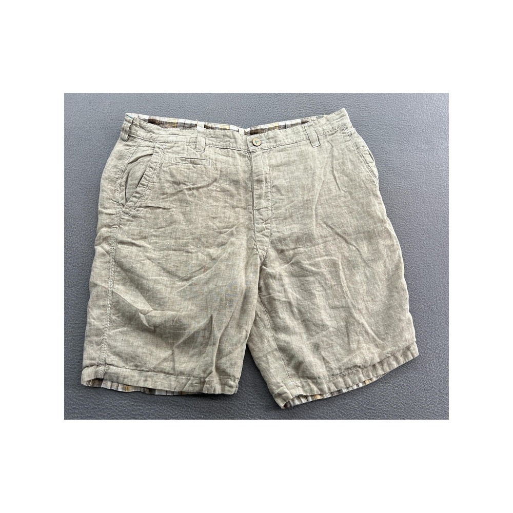 Tommy Bahama Shorts Mens Sz 36 Reversible 100% Linen Shorts Khaki Plaid